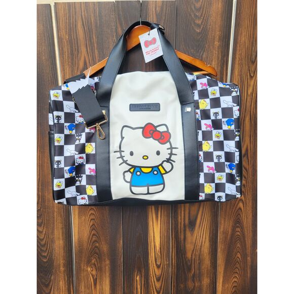 NWT Sanrio Hello Kitty and Friends Large Travel Bag Carry On Black White Check - Picture 1 of 6